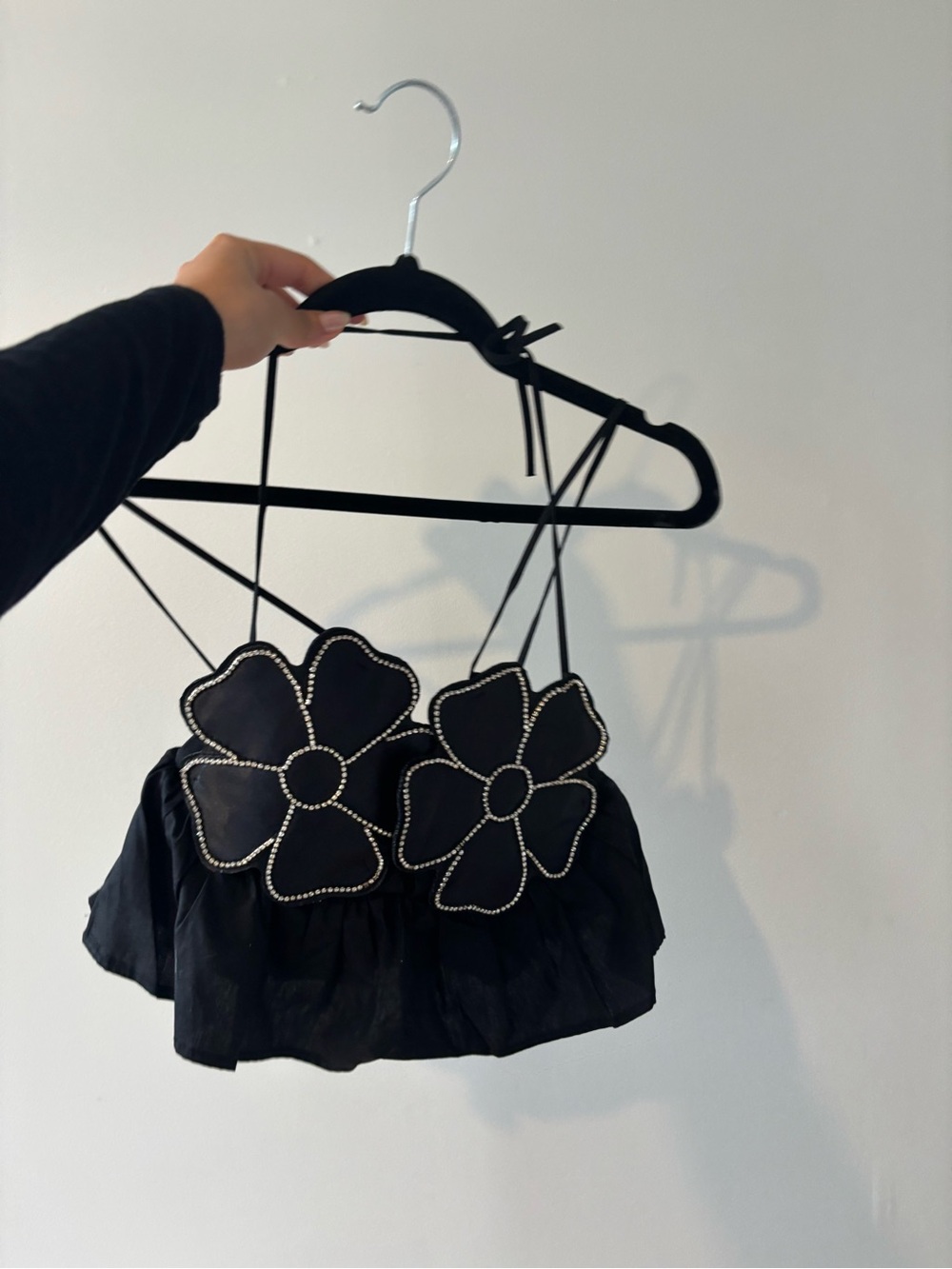 Zara Black Floral Beaded Spaghetti Strap Crop Top